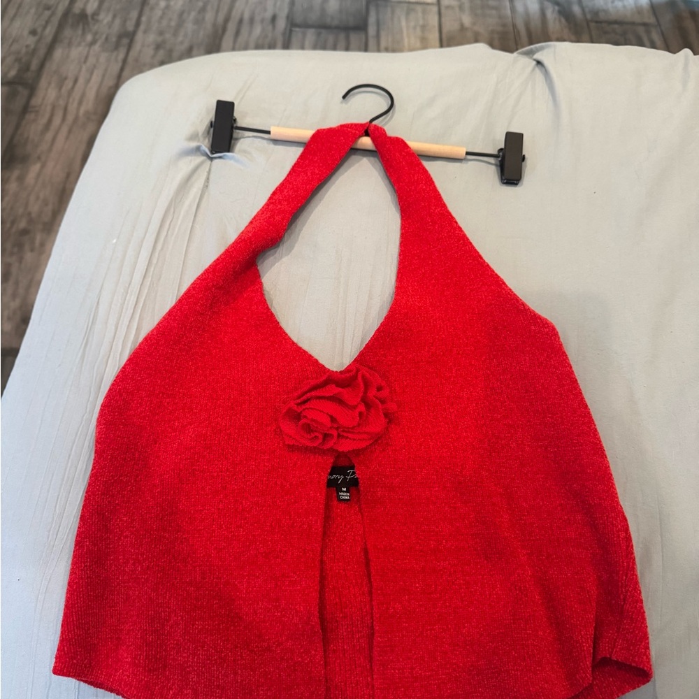 emory park Red Halter Knit Camisole with Floral Rosette